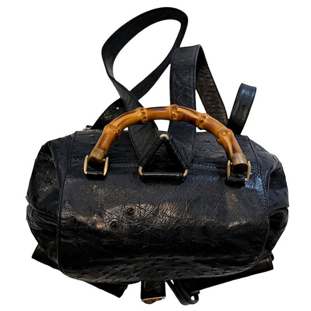 Vintage GUCCI Black Ostrich Skin Backpack Handbag with Bamboo Accents - Picture 2 of 15